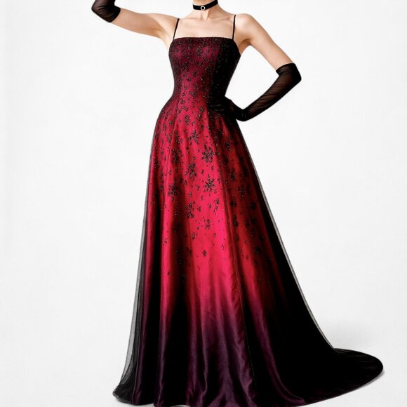 Vintage Burgundy Red Floral Beaded Ombre Mesh Satin Fit Flared Maxi Prom Dress L - Picture 2 of 7